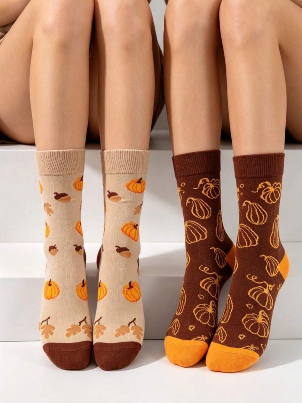 2 Pairs Autumn Pumpkin Acorn Maple Leaf Long Socks ,Vintage Caramel Color